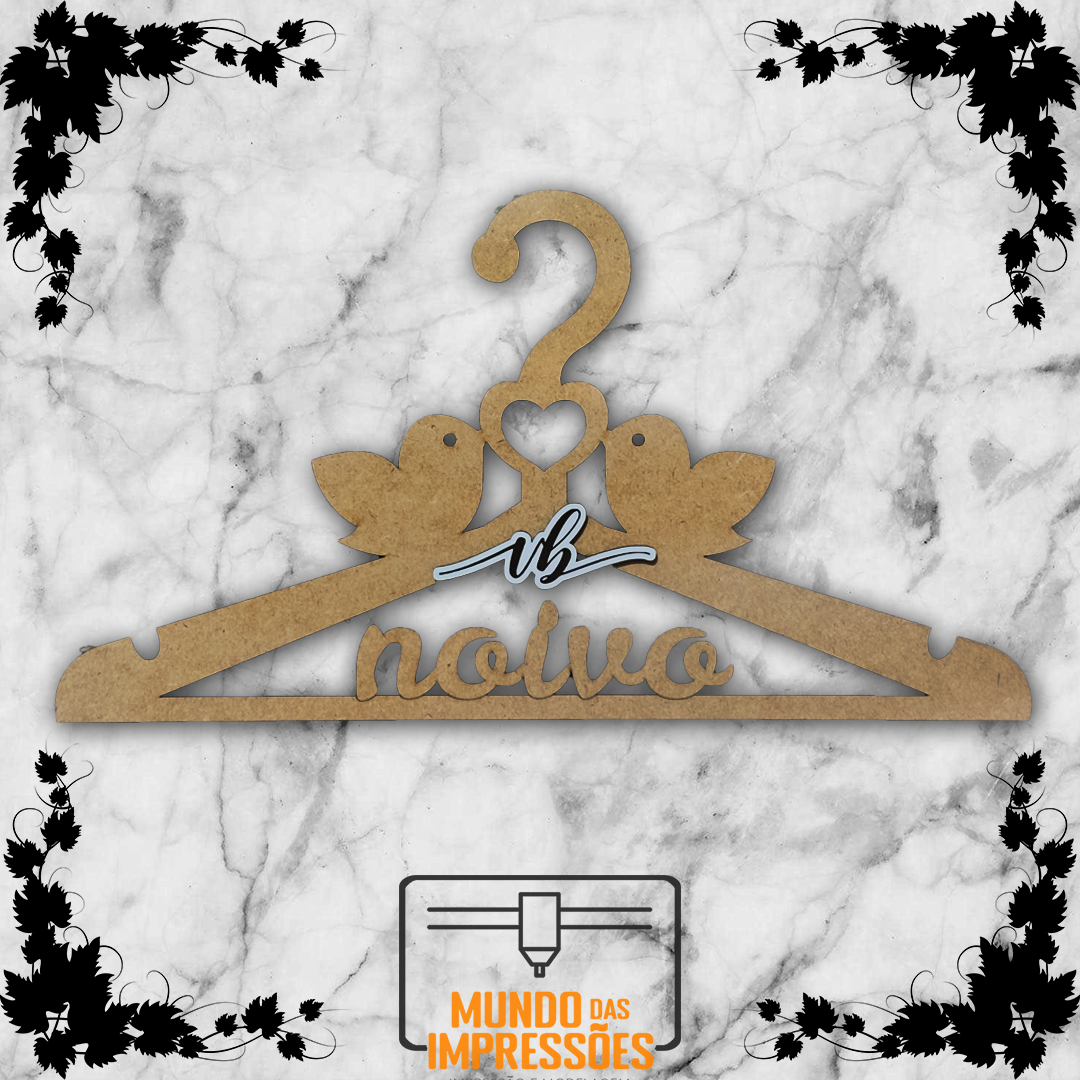 Cabide de Casamento Personalizado em Madeira - Noiva/Noivo Iniciais e Pássaros - Mundo das Impressões