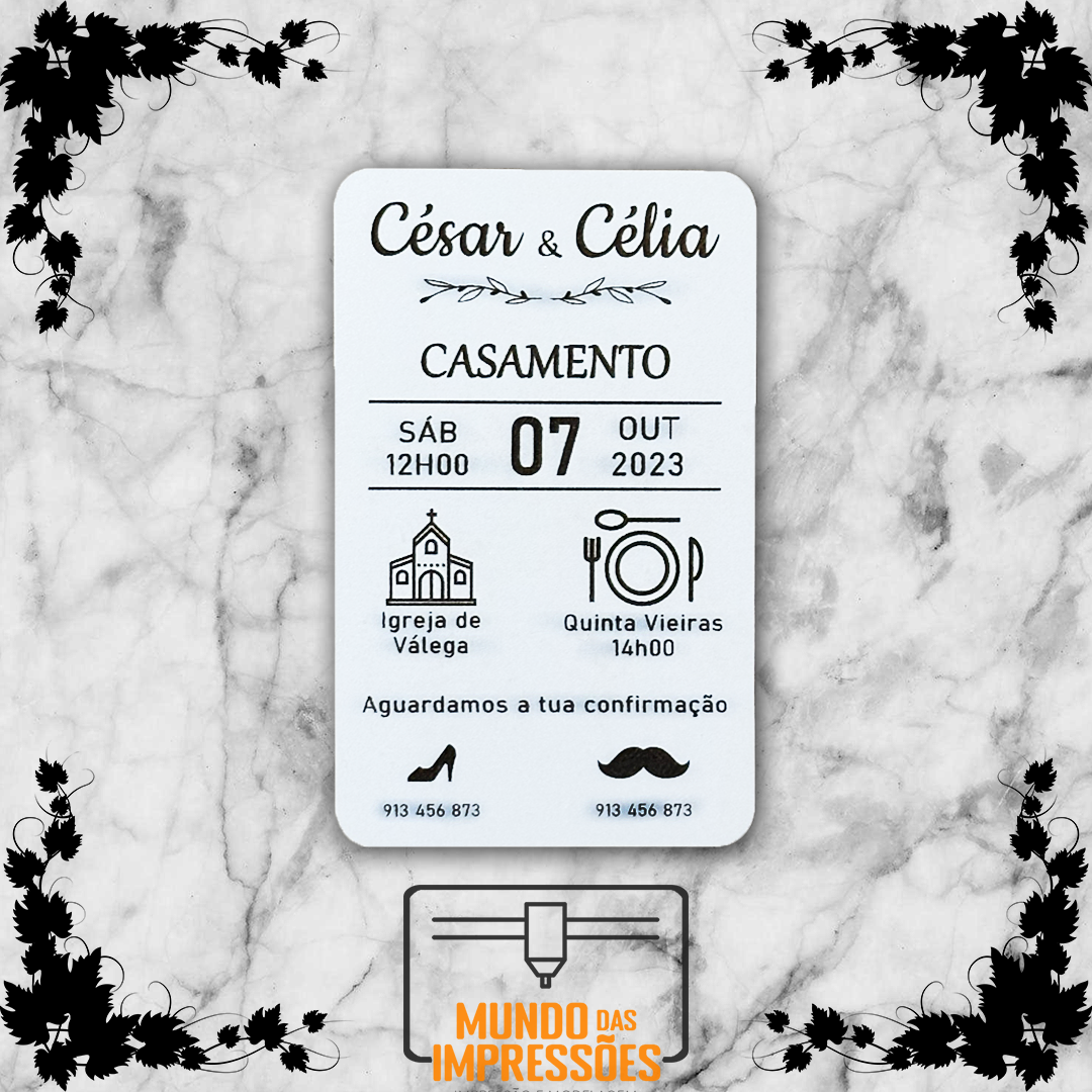 Convite de Casamento Personalizado em Madeira - Retangular com Ícones - Mundo das Impressões