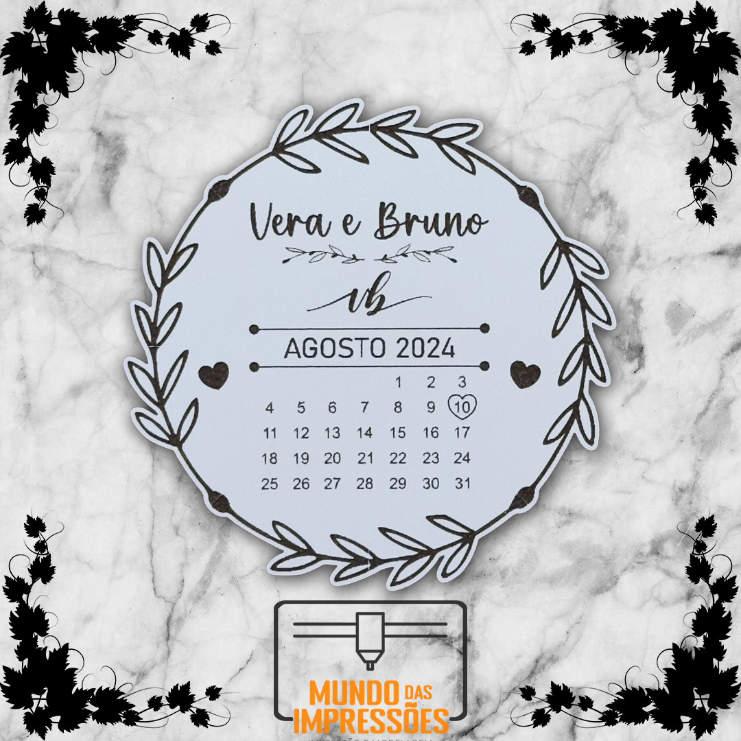Lembrança de Casamento Personalizado Madeira - Coroa e Calendário - Mundo das Impressões