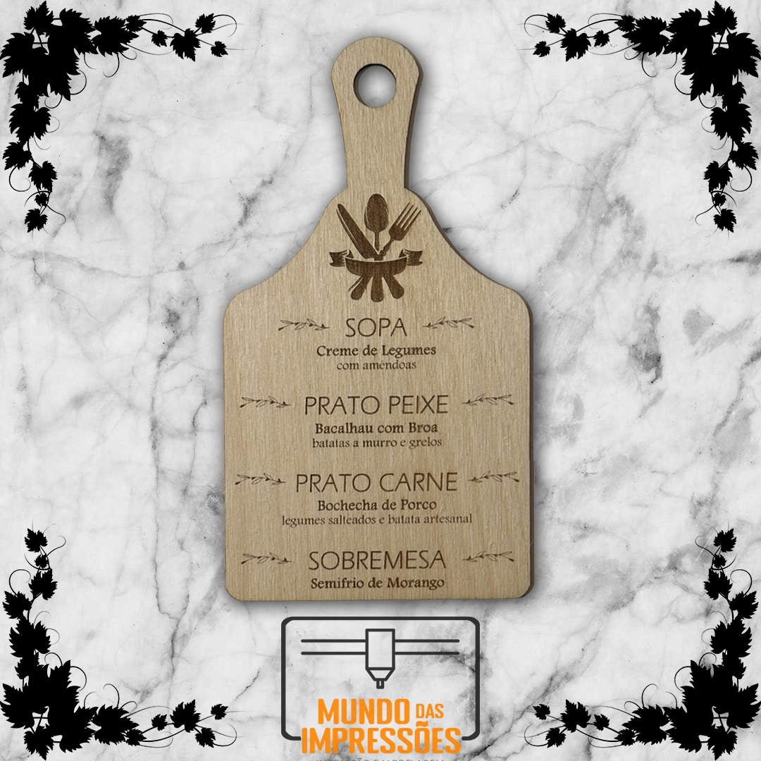 Menu de Casamento Personalizado em Madeira - Tábua de Cozinha - Mundo das Impressões