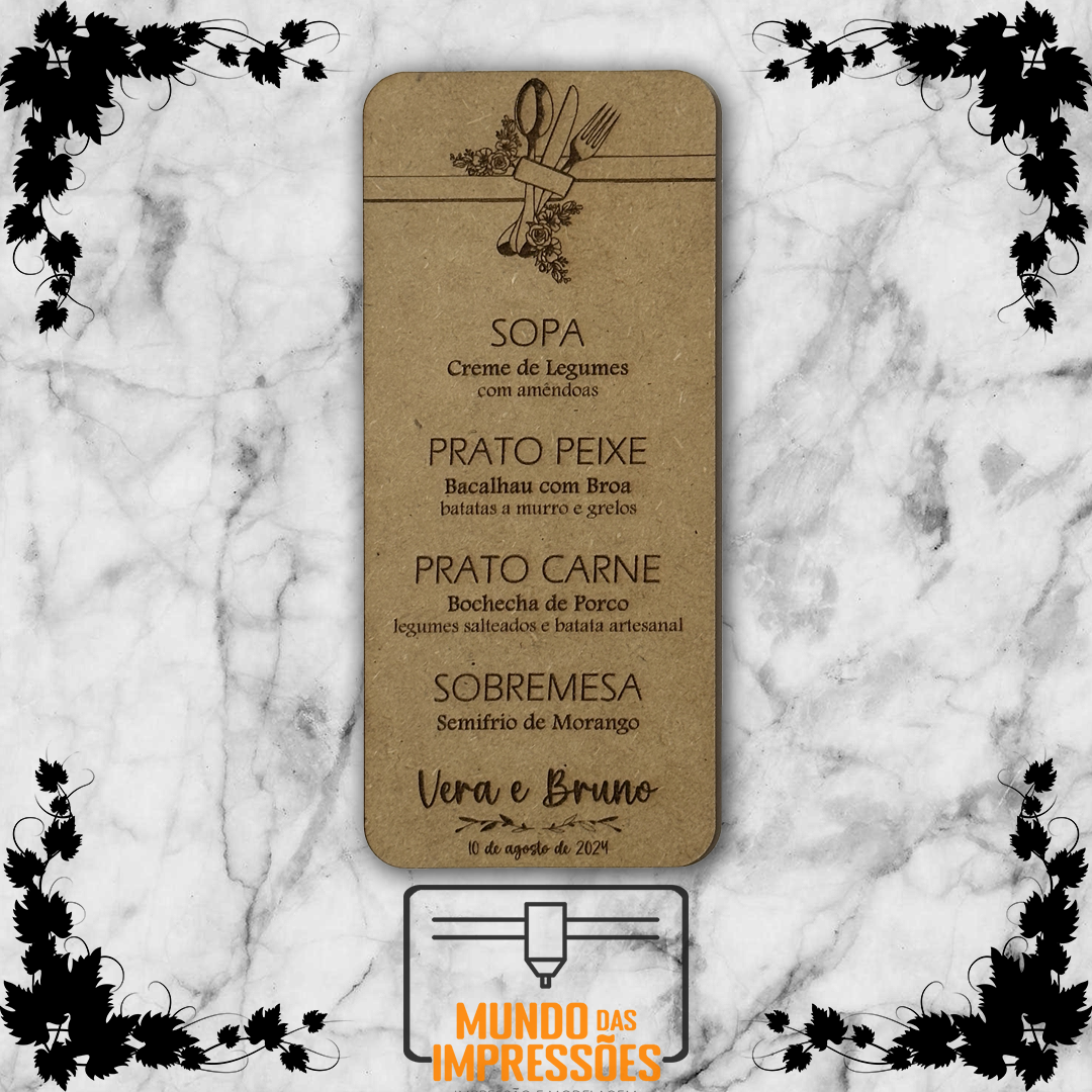 Menu de Casamento Personalizado em Madeira - Retangular - Mundo das Impressões