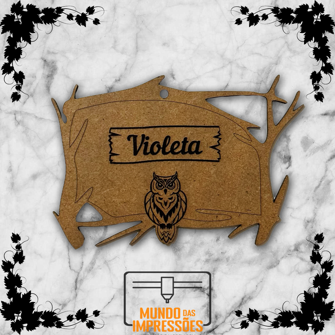 Placa de Identificação Animal Personalizada em Madeira - Coruja - Mundo das Impressões