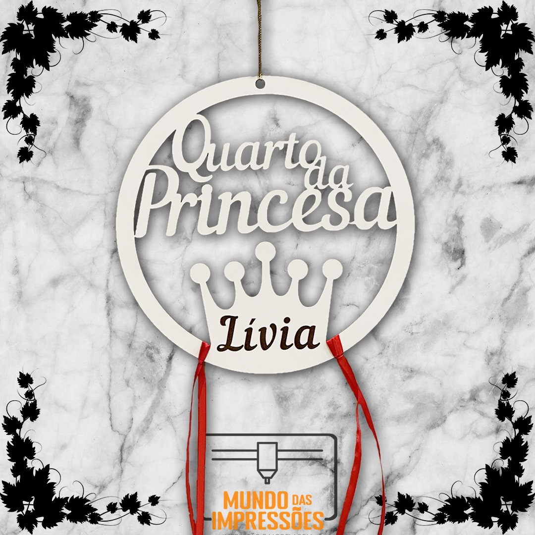 Placa de Quarto Personalizada em Madeira - 'Princesa' com Nome - Mundo das Impressões