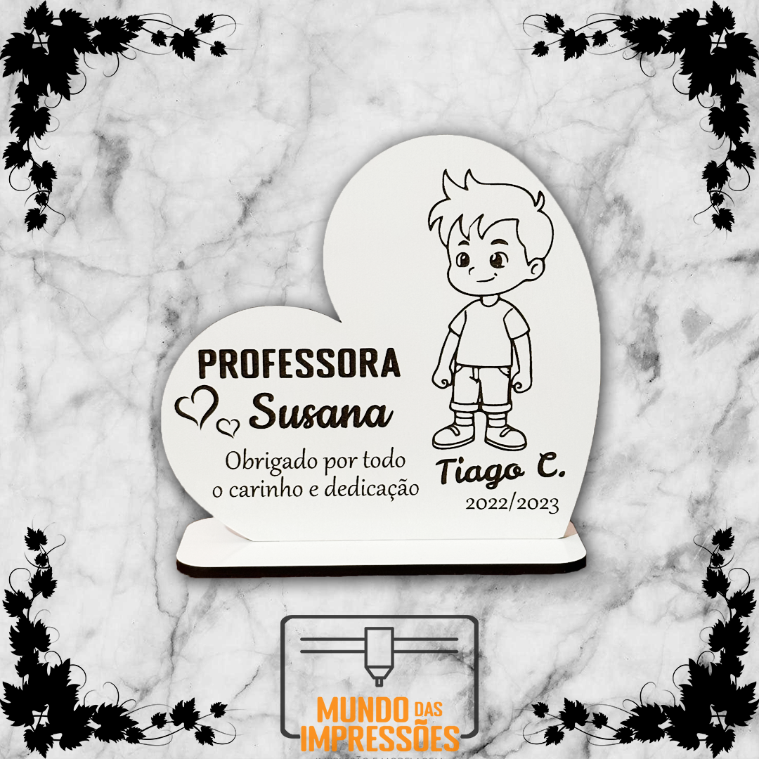 Placa Decoração para Professora Personalizada em Madeira - Coração com Mensagem e Figura - Mundo das Impressões