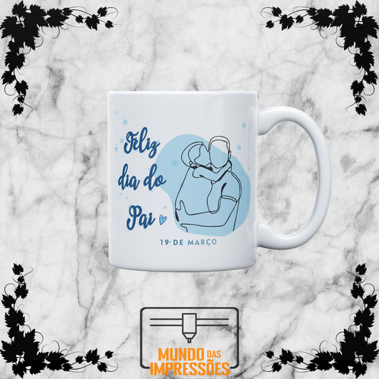 Caneca branca com design azul do Dia do Pai mostrando abraço entre pai e filho