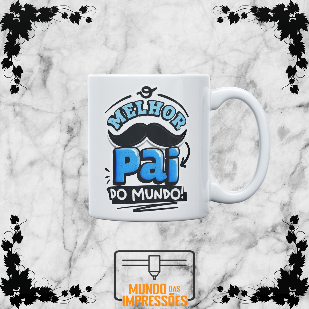 Caneca branca com design Melhor Pai do Mundo e bigode em azul
