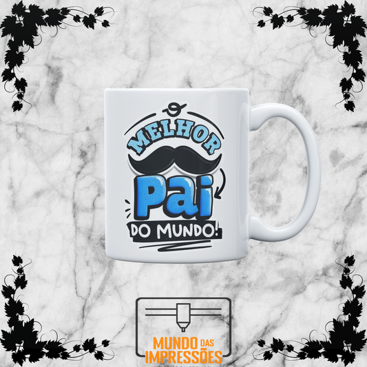 Caneca branca com design Melhor Pai do Mundo e bigode em azul