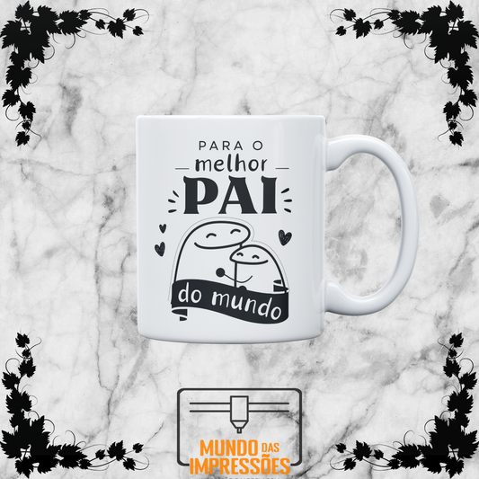 Caneca branca com design preto 'Para o Melhor Pai do Mundo' e ilustração carinhosa