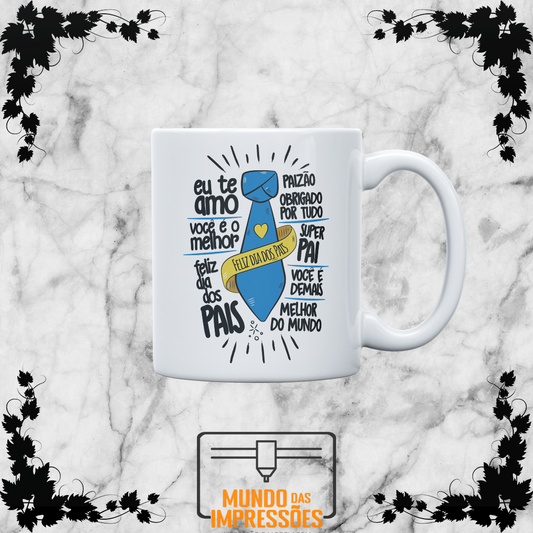 Caneca branca com mensagens de amor e gratidão para o pai em azul e preto