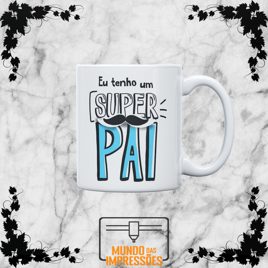 Caneca branca com design Super Pai e bigode em azul e preto