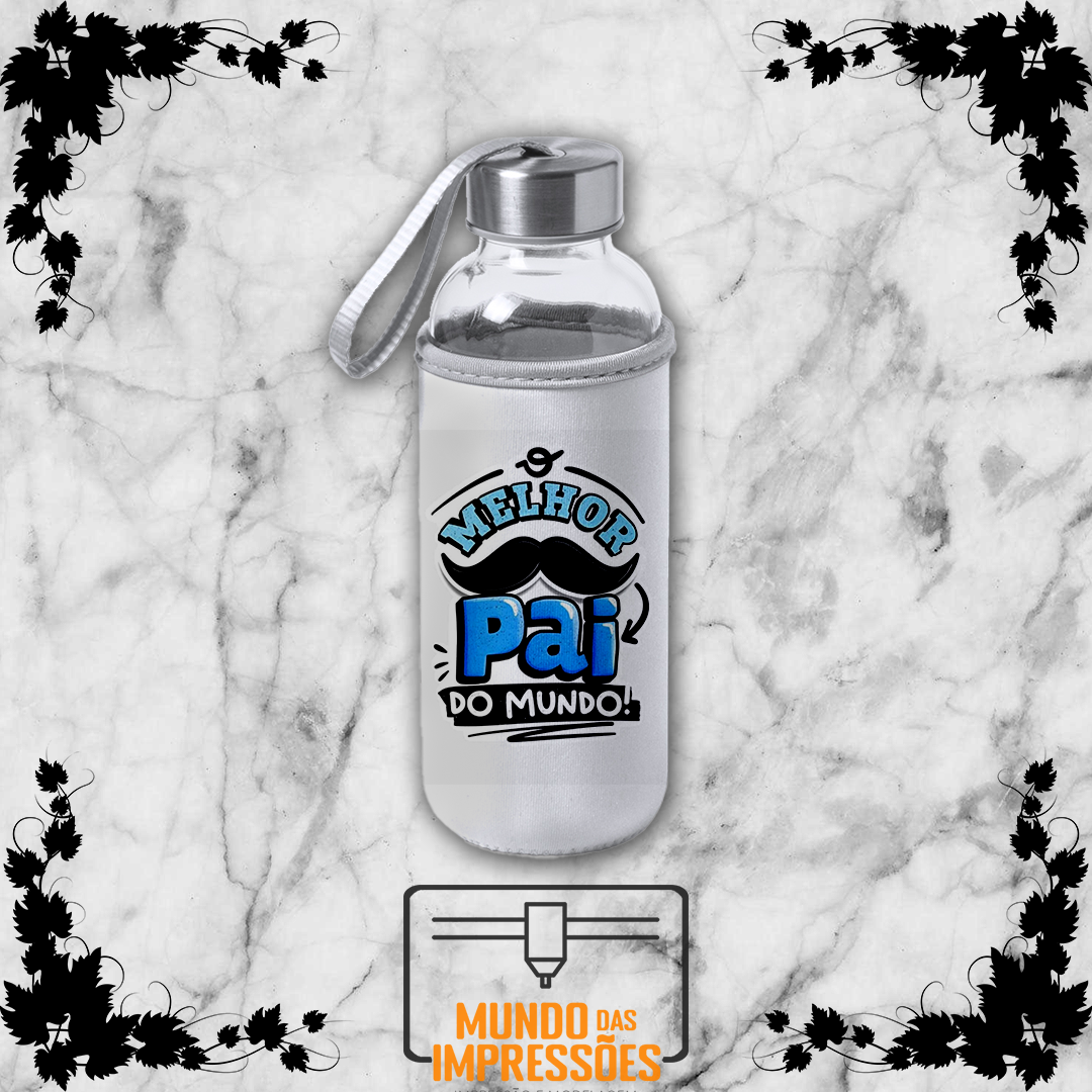 Garrafa de vidro com bolsa soft shell branca e design Melhor Pai do Mundo com bigode em azul