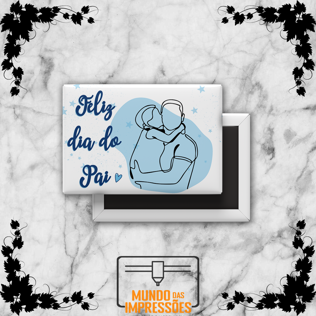 Íman em cerâmica branco com ilustração de abraço pai e filho em azul