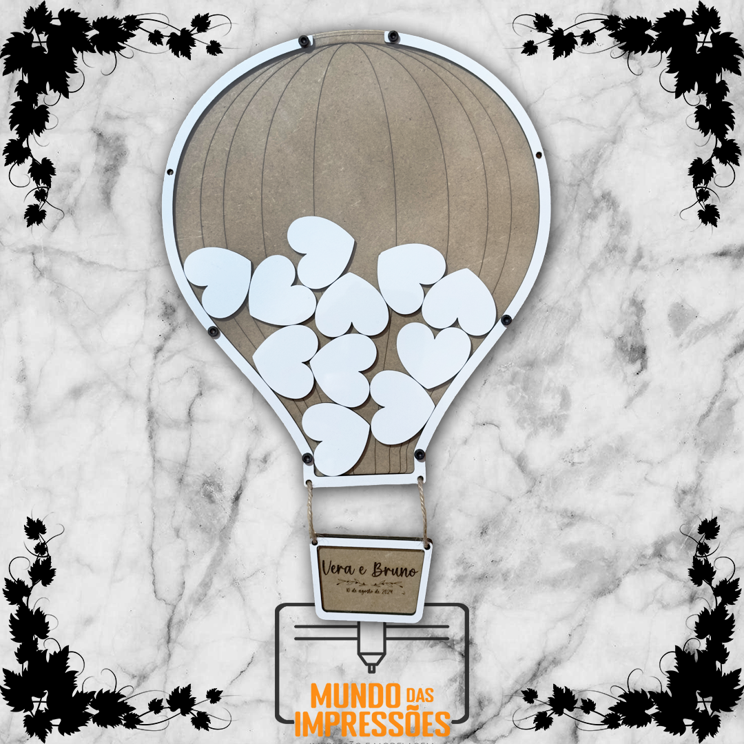 Quadro de Assinaturas para Casamento Personalizado em Madeira - Balão Ar Quente - Mundo das Impressões
