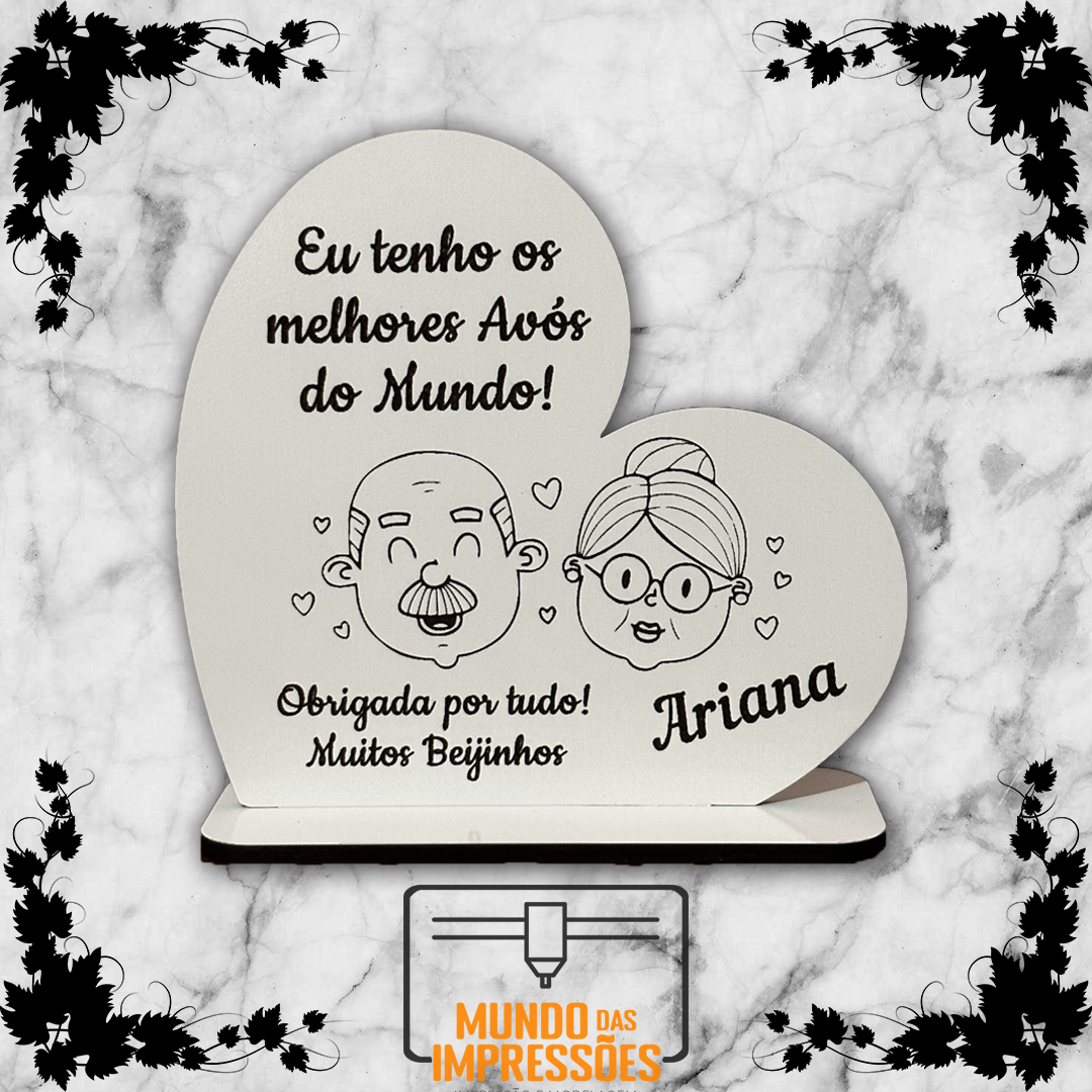 Lembrança para Avós Personalizada em Madeira - Coração com Mensagem e Nome - Mundo das Impressões