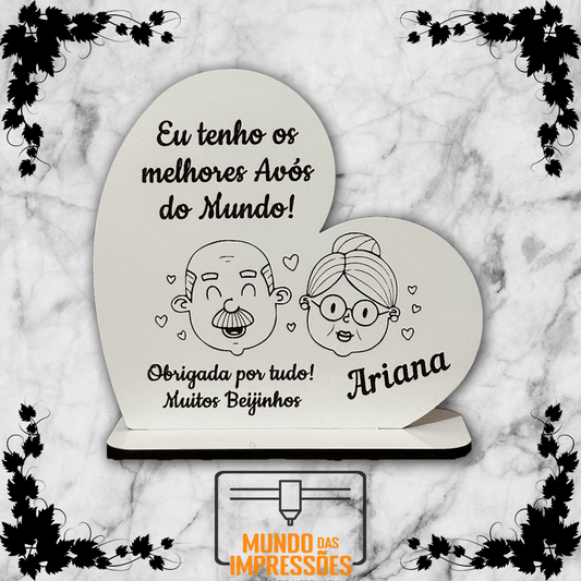 Lembrança para Avós Personalizada em Madeira - Coração com Mensagem e Nome - Mundo das Impressões