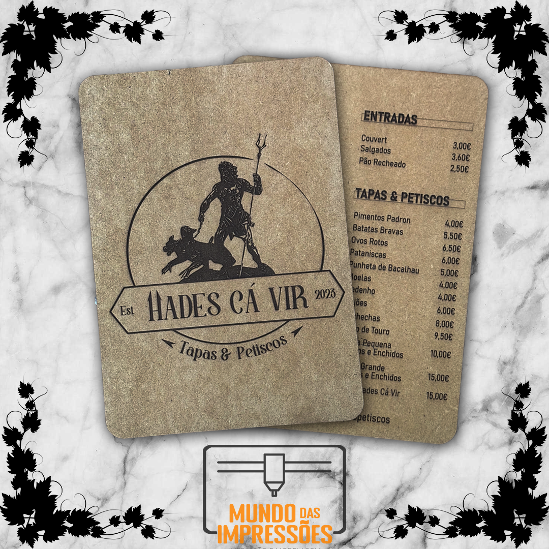 Menu de Restaurante Personalizado em Madeira - Logo e Ementa - Mundo das Impressões