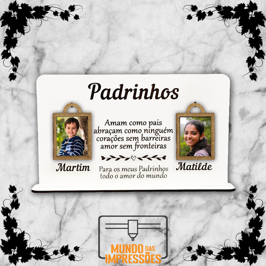 Moldura para Madrinha ou Padrinho Personalizada em Madeira - Com Frase e Fotografias - Mundo das Impressões