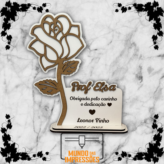 Placa Decoração para Professora Personalizada em Madeira - Rosa com Mensagem de Agradecimento - Mundo das Impressões