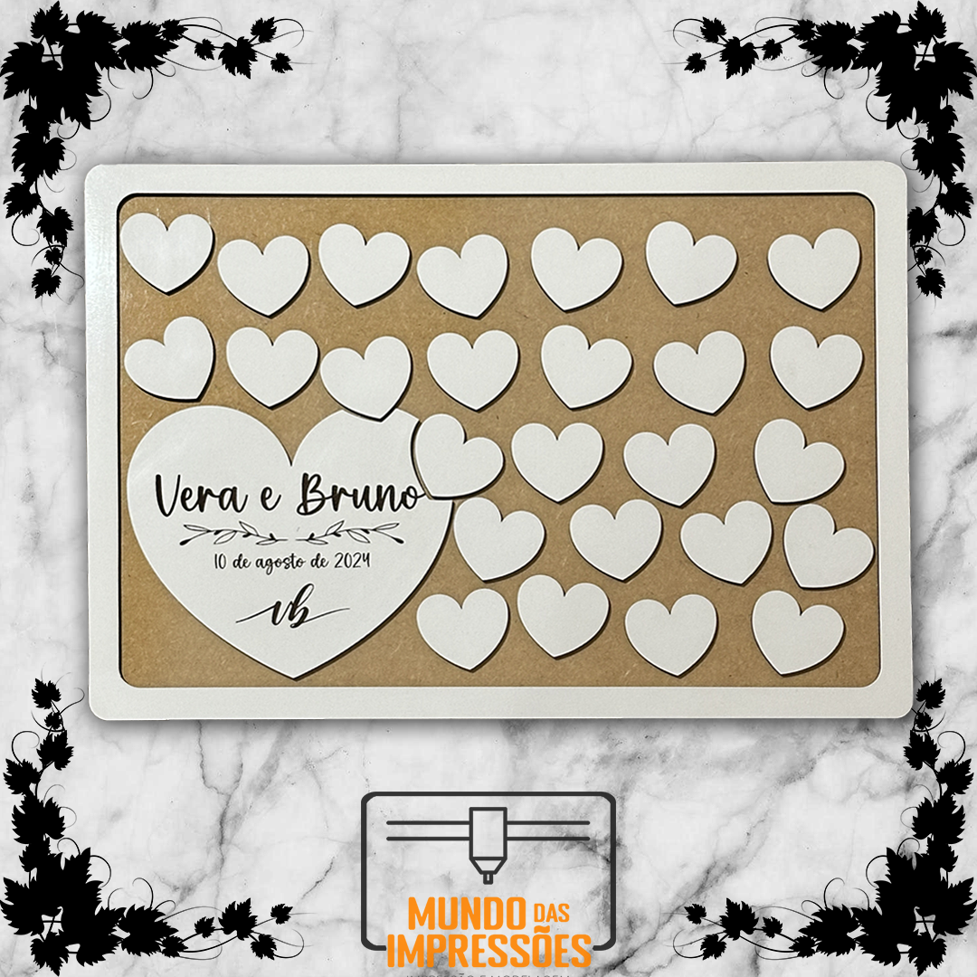 Quadro de Assinaturas para Casamento Personalizado em Madeira - Corações - Mundo das Impressões
