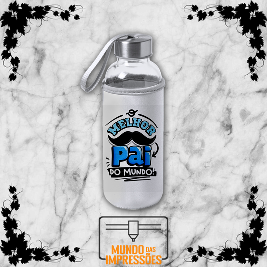 Garrafa de vidro com bolsa soft shell branca e design Melhor Pai do Mundo com bigode em azul