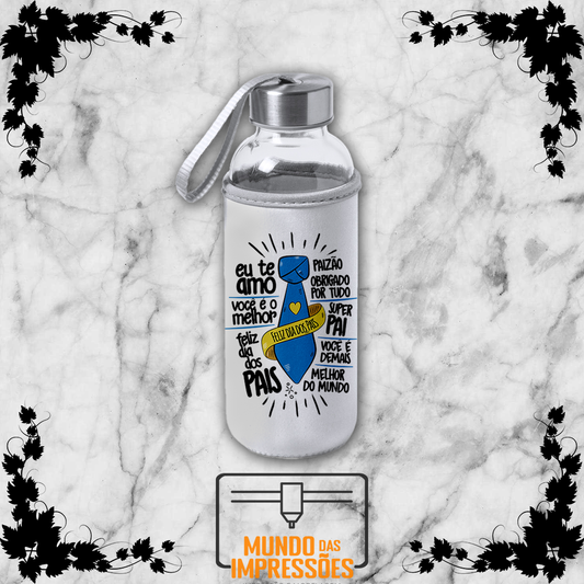 Garrafa de vidro com bolsa soft shell branca personalizada com mensagens de amor para o pai em azul