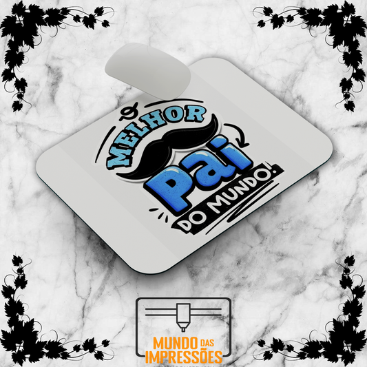 Tapete de rato branco com design de bigode e texto Melhor Pai em azul